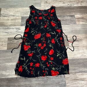black + red floral print raw hem mini dress